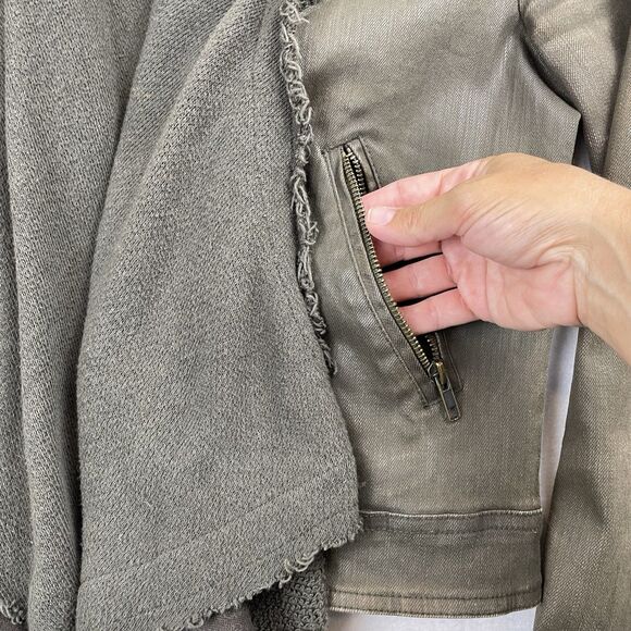 Free People Coated Denim & Sweater Zip Cuff Multi Styled Moto Jacket Olive-8 - Picture 7 of 16